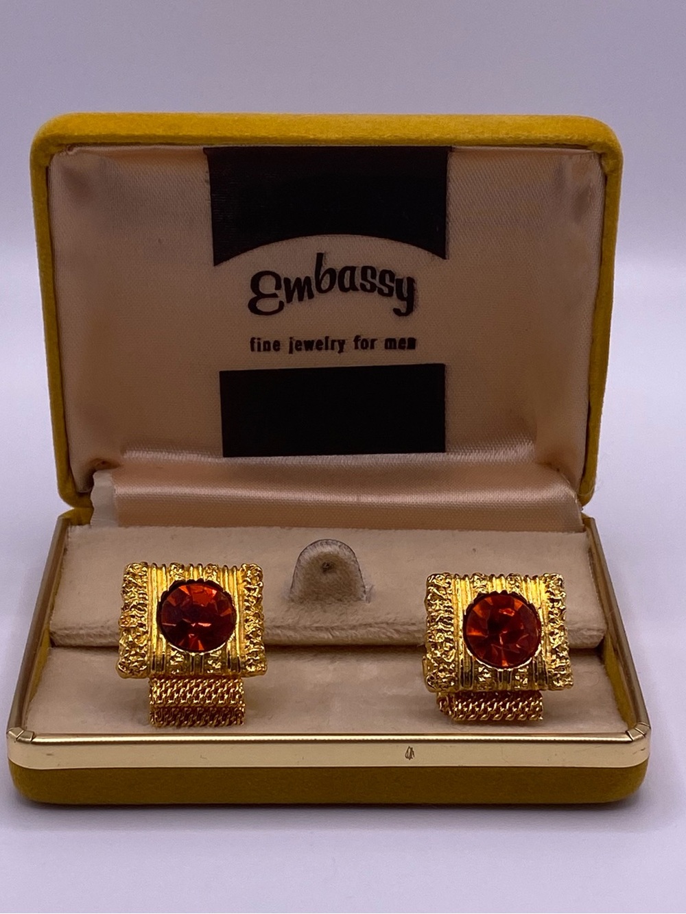 Mid Century Embassy Bright Orange Large Rhinestone Gold Tone Men’s VTG Cufflinks